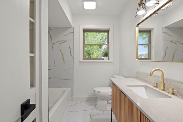 full bath with a healthy amount of sunlight, marble finish floor, vanity, and toilet