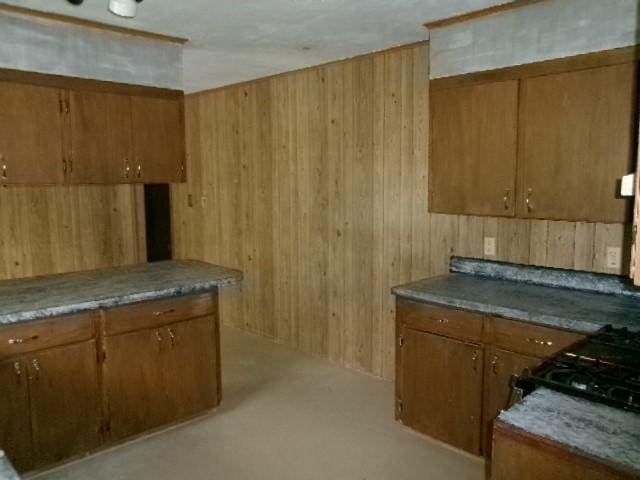 kitchen featuring brown cabinetry and wood walls