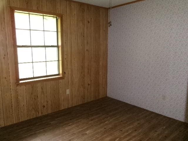spare room with wooden walls, wood finished floors, and a healthy amount of sunlight