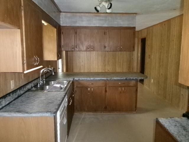 kitchen with dishwasher, wood walls, and a sink