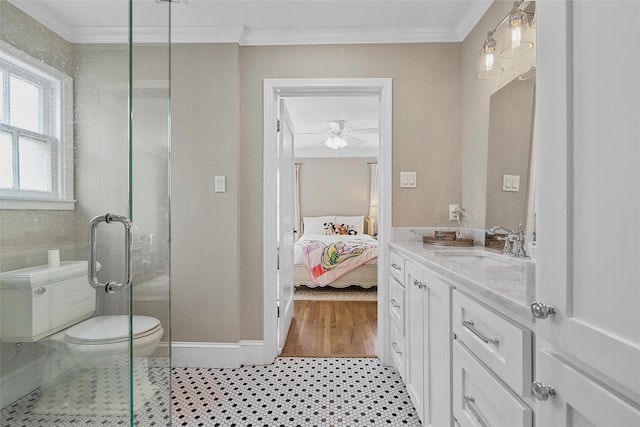 bathroom featuring an enclosed shower, ensuite bath, toilet, and ornamental molding