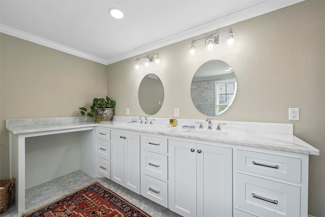 bathroom with a sink, double vanity, and crown molding