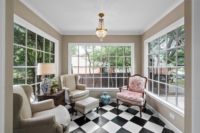 sunroom featuring an inviting chandelier