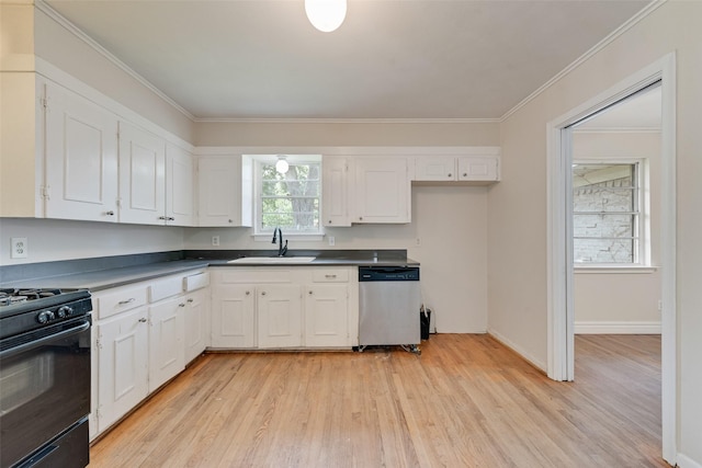 kitchen with white cabinets, a sink, dark countertops, black range with gas stovetop, and dishwasher