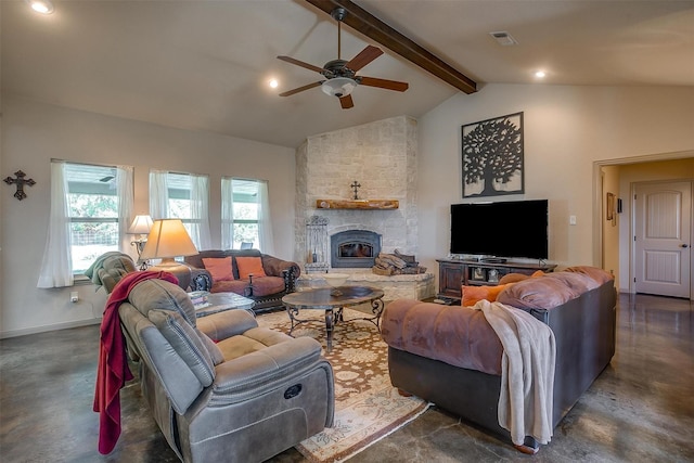 living room with lofted ceiling with beams, a ceiling fan, visible vents, and finished concrete flooring