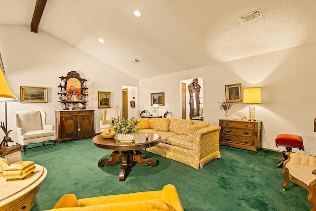 living area with a textured ceiling, visible vents, carpet flooring, and vaulted ceiling with beams
