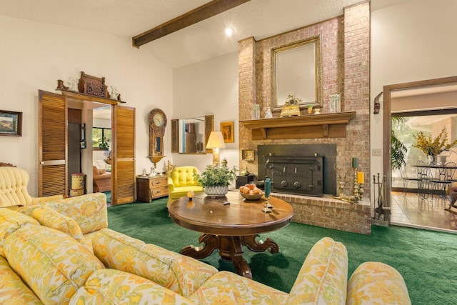 living room with high vaulted ceiling, a brick fireplace, beamed ceiling, and carpet