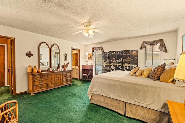 bedroom with ensuite bath, ceiling fan, carpet floors, and a textured ceiling