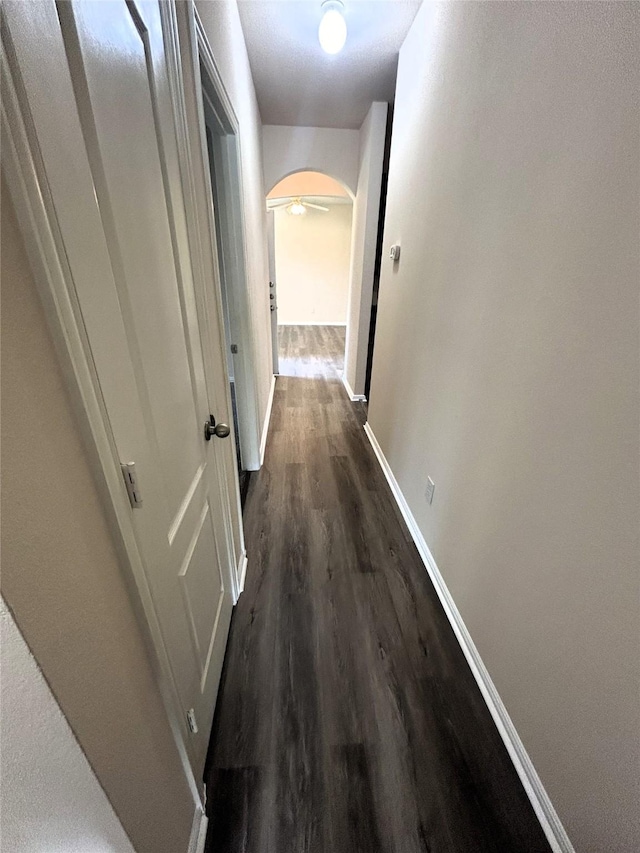 4303 Grassy Glen Dr, Corinth, TX 76208 - hallway with arched walkways, dark wood-style floors, and baseboards