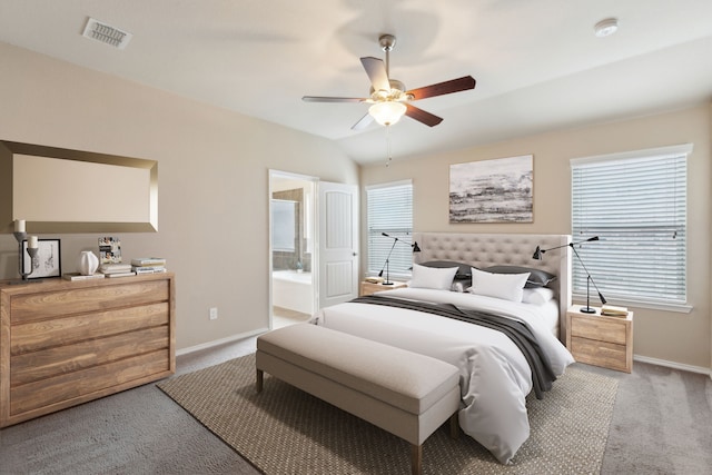 601 Wichita Trl, Mckinney, TX 75071 - bedroom featuring connected bathroom, carpet flooring, visible vents, ceiling fan, and baseboards