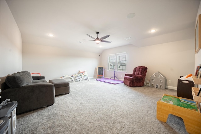 living room featuring ceiling fan, carpet, baseboards, visible vents, and recessed lighting