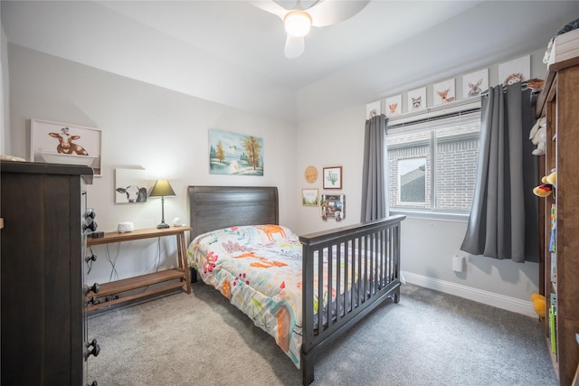 bedroom featuring carpet, a ceiling fan, and baseboards