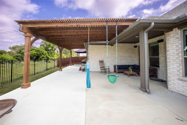 view of patio featuring outdoor lounge area, fence, and a pergola