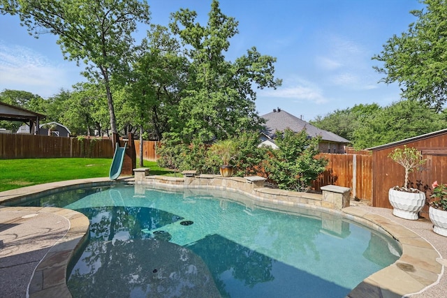 view of pool featuring a fenced backyard, a yard, and a fenced in pool