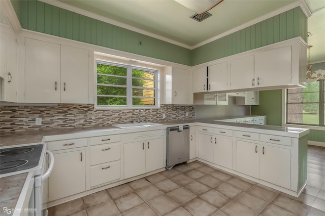 kitchen featuring white electric range oven, a sink, decorative backsplash, dishwasher, and visible vents