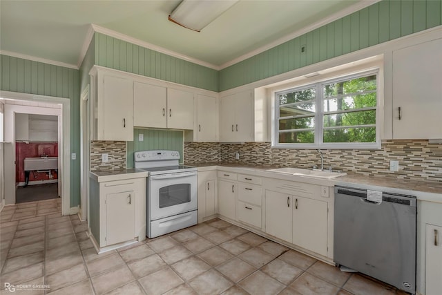 kitchen featuring stainless steel dishwasher, white electric range oven, a sink, tasteful backsplash, and ornamental molding