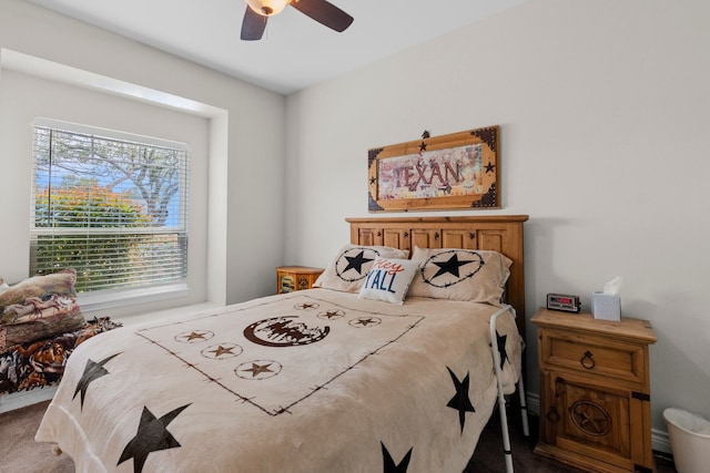 bedroom featuring carpet floors and ceiling fan