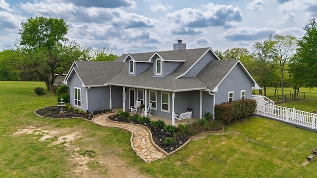 view of front of property with a chimney, fence, a patio, roof with shingles, and a front yard