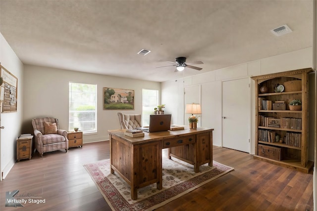 1026 Baylor St, Abilene, TX 79602 - home office with visible vents, a ceiling fan, and dark wood-style floors