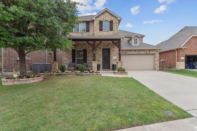 view of front of property featuring covered porch, brick siding, concrete driveway, and a front yard