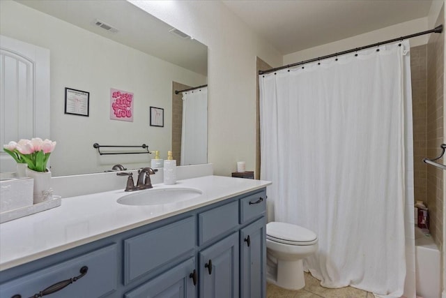 full bathroom with visible vents, tile patterned flooring, toilet, and vanity