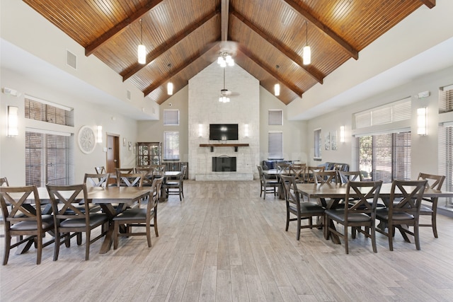 10524 Musketball Pl, Mckinney, TX 75072 - dining area featuring high vaulted ceiling, light wood-style floors, a stone fireplace, wood ceiling, and beam ceiling