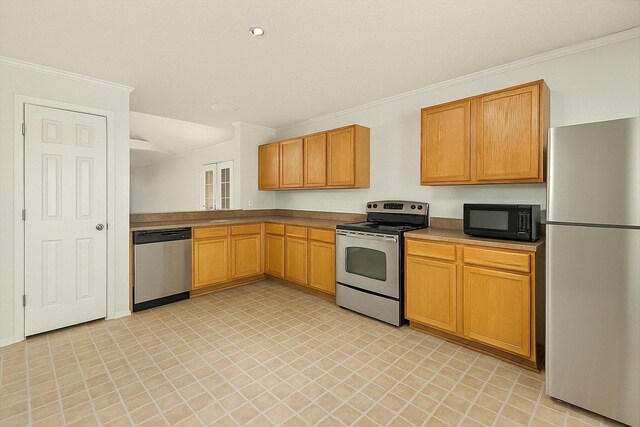 4823 Topaz Ln, Granbury, TX 76049 - kitchen featuring light floors, stainless steel appliances, and crown molding