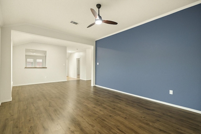 4823 Topaz Ln, Granbury, TX 76049 - empty room with dark wood finished floors, baseboards, visible vents, lofted ceiling, and ceiling fan