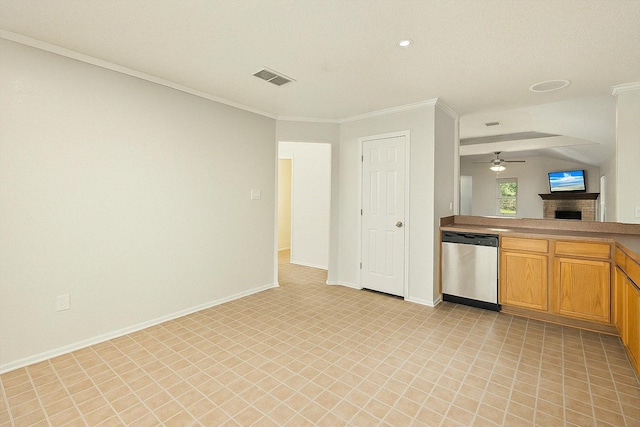 4823 Topaz Ln, Granbury, TX 76049 - kitchen featuring visible vents, stainless steel dishwasher, ornamental molding, a fireplace, and ceiling fan