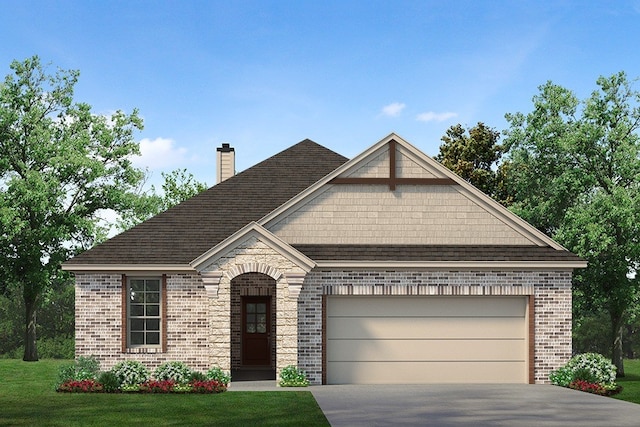 view of front of house with a chimney, concrete driveway, brick siding, a garage, and a front yard