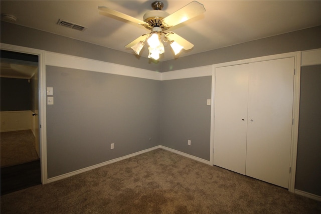 634 Ray Ave, Desoto, TX 75115 - unfurnished bedroom with baseboards, visible vents, carpet, a closet, and ceiling fan