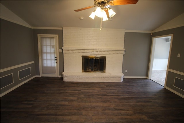 634 Ray Ave, Desoto, TX 75115 - unfurnished living room with lofted ceiling, a ceiling fan, a brick fireplace, and wood finished floors
