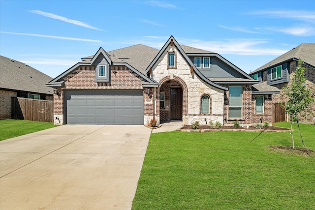 view of front facade featuring concrete driveway, stone siding, fence, a garage, and brick siding