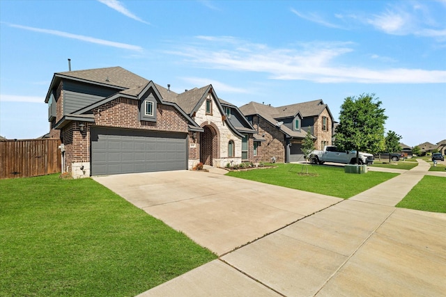 view of front of home with a residential view, a front lawn, concrete driveway, fence, and brick siding