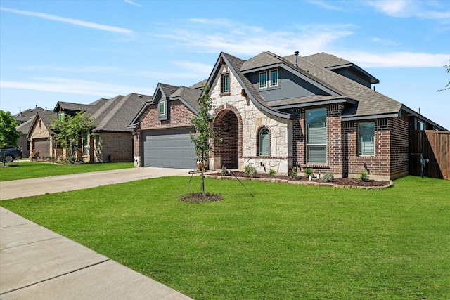 french provincial home with stone siding, concrete driveway, fence, a garage, and a front yard