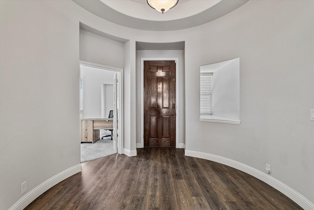 entryway featuring baseboards and dark wood-style floors