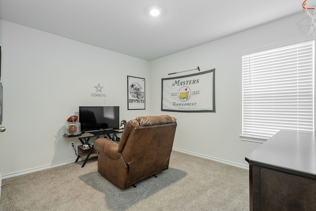 carpeted living area with baseboards