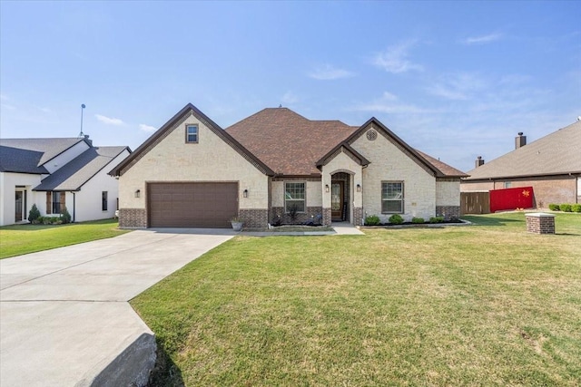 12409 Messer Ct, Fort Worth, TX 76126 - french country style house featuring concrete driveway, a front yard, brick siding, central air condition unit, and a garage