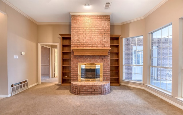 2176 English Rd, Rockwall, TX 75032 - unfurnished living room featuring crown molding, carpet flooring, visible vents, and a fireplace