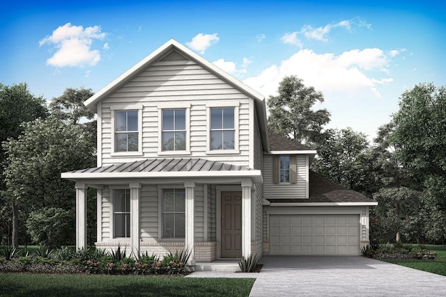 view of front of property featuring a standing seam roof, brick siding, a shingled roof, metal roof, and driveway