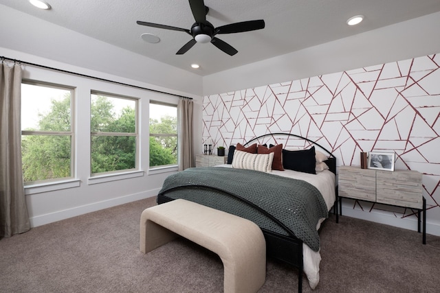 carpeted bedroom with ceiling fan, recessed lighting, and baseboards