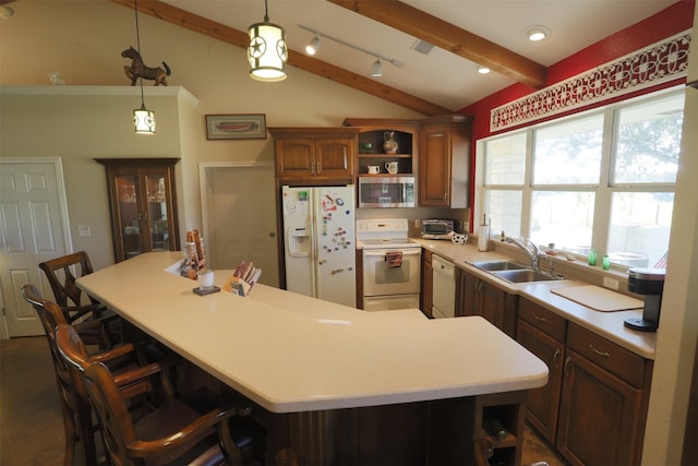 kitchen featuring open shelves, light countertops, a sink, white appliances, and lofted ceiling with beams