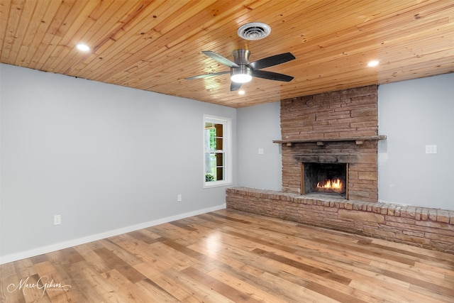1042 N Lane Dr, Shreveport, LA 71107 - unfurnished living room featuring a ceiling fan, wood finished floors, a stone fireplace, wooden ceiling, and visible vents
