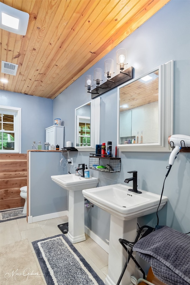 1042 N Lane Dr, Shreveport, LA 71107 - bathroom featuring wood ceiling, tile patterned flooring, visible vents, and plenty of natural light