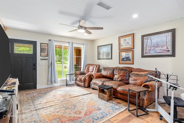 1042 N Lane Dr, Shreveport, LA 71107 - living room featuring light wood finished floors, visible vents, recessed lighting, ceiling fan, and wood ceiling