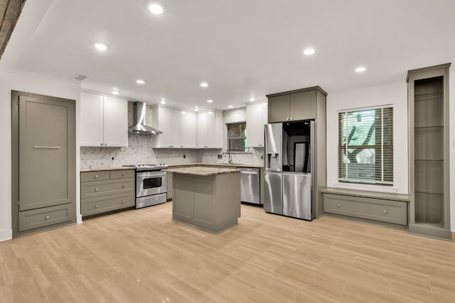 kitchen featuring stainless steel appliances, wall chimney range hood, visible vents, a kitchen island, and decorative backsplash