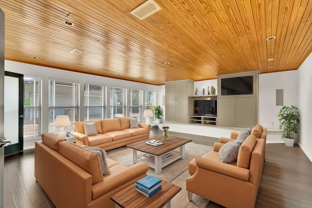 living area with wood ceiling, baseboards, wood finished floors, and visible vents