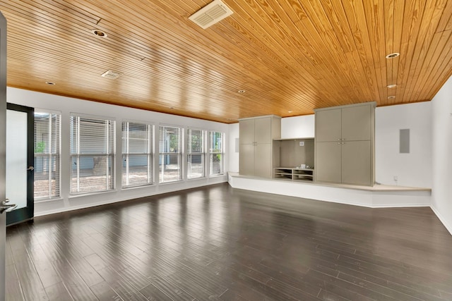 unfurnished living room featuring wooden ceiling, baseboards, dark wood-style floors, and visible vents