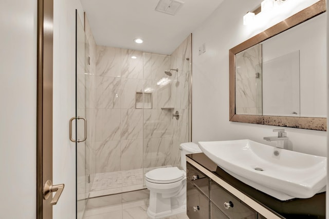full bath with recessed lighting, marble finish floor, toilet, vanity, and a marble finish shower