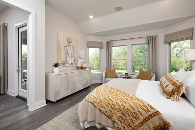 bedroom featuring recessed lighting, access to outside, vaulted ceiling, dark wood-style flooring, and baseboards